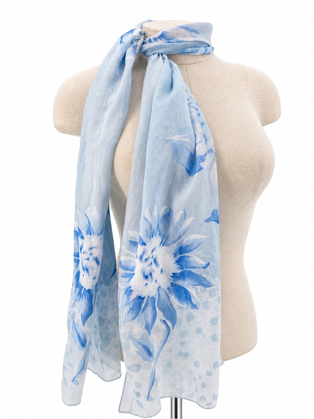 Unbranded Blue Floral Scarf Rectangle Sheer Lightweight Accessory Daisy